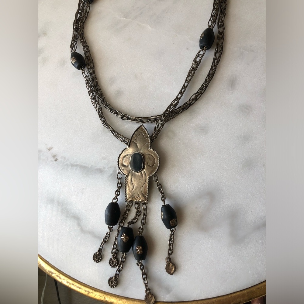 Brutalist artisan necklace with fringe beads goth art deco romantic unique